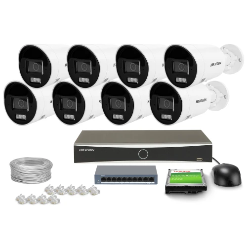 The image shows a comprehensive surveillance system package, including eight white security cameras, a recording unit, and necessary accessories like cables and connectors. The set also features a hard drive for storage and a mouse for easy navigation.