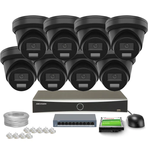 The image shows a complete surveillance system featuring eight black dome cameras, a network video recorder, and essential accessories like cables and connectors. The set also includes a mouse and a memory card for efficient monitoring and data storage.