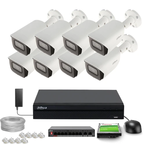 The image shows a complete surveillance system package, including eight white security cameras, a recording device, cables, connectors, and a mouse. The cameras are designed for outdoor use, providing high-definition video monitoring for enhanced security.