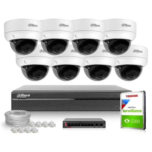 The image shows a complete surveillance system featuring eight dome cameras, a network video recorder, and a Toshiba surveillance hard drive. Also included are cables and connectors, providing a comprehensive setup for security monitoring.
