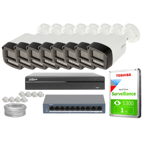 The image shows a comprehensive surveillance system package, including eight bullet-style security cameras, a network video recorder, and a Toshiba surveillance hard drive. Additional components include a network switch, Ethernet cables, and connectors, all designed for efficient and reliable monitoring.
