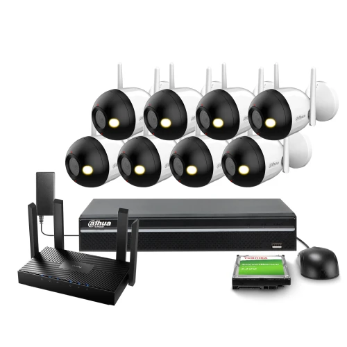 The image shows a complete wireless surveillance system featuring eight white and black security cameras with antennas, a central recording unit, a wireless router, and a hard drive. This setup is designed for comprehensive monitoring and easy installation in various environments.