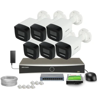 The image shows a Hikvision surveillance system, featuring five bullet cameras and a digital video recorder. Included are a power adapter, cables, connectors, a network switch, and a Toshiba hard drive for storage.