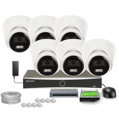 The image shows a Hikvision surveillance system bundle, including six dome cameras, a network video recorder, and essential accessories like cables and connectors. This comprehensive security kit is designed for efficient monitoring and recording in various environments.