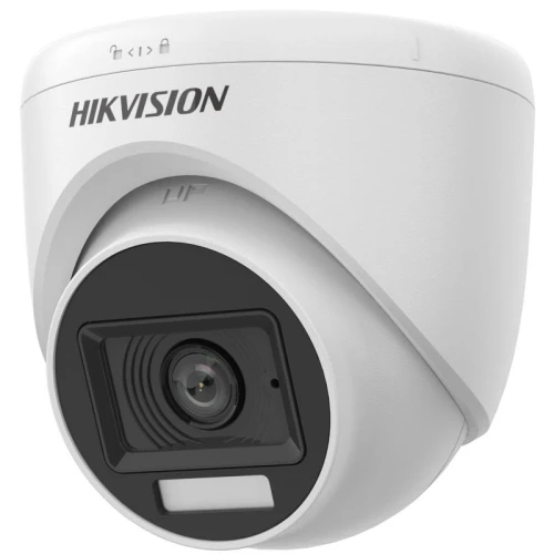 A white Hikvision dome security camera with a sleek design features a prominent lens and infrared sensor for enhanced surveillance. The camera is designed for ceiling or wall mounting, providing a modern and discreet security solution.