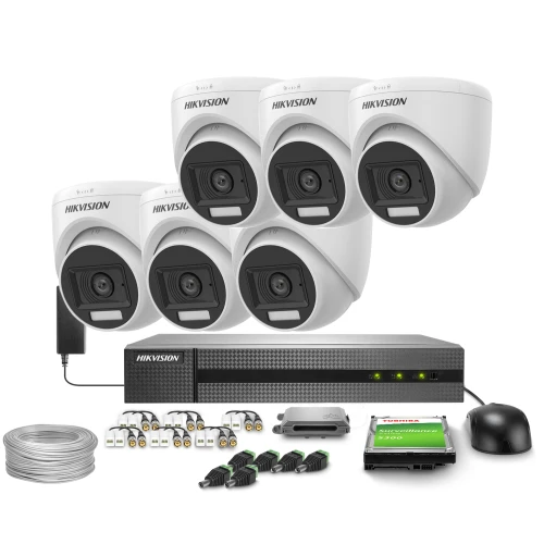The image shows a comprehensive Hikvision surveillance system, featuring six dome cameras, a digital video recorder, and various accessories for installation. The set includes cables, connectors, a power supply, and a storage device, providing a complete solution for security monitoring.