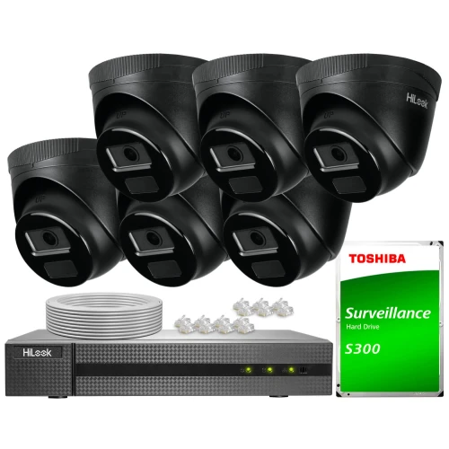 The image shows a complete surveillance system featuring five black HiLook dome cameras, a HiLook digital video recorder, and a Toshiba surveillance hard drive. Also included are a bundle of cables and connectors for easy installation.