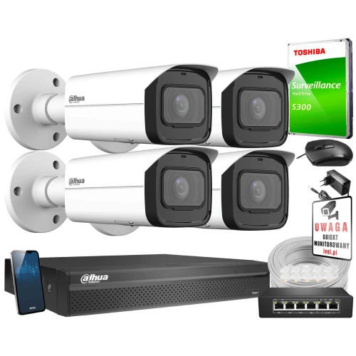 The image shows a comprehensive IP surveillance system featuring four white Dahua security cameras, a Toshiba surveillance hard drive, and a network video recorder. Additional components include a warning sign, Ethernet cables, and a smartphone displaying a monitoring app.