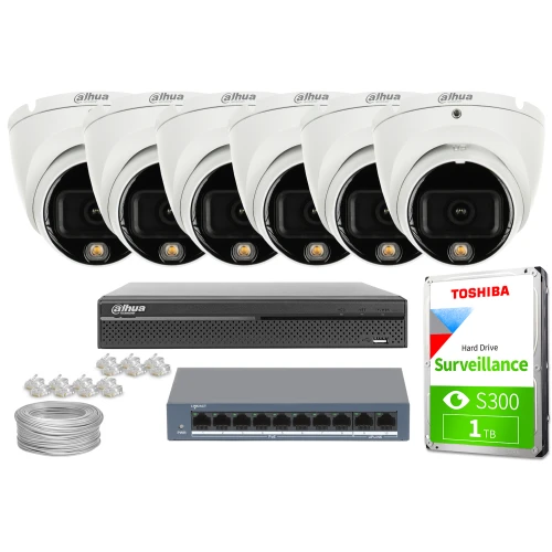 The image shows a complete IP surveillance system featuring five white dome cameras, a network video recorder, and a 1TB Toshiba surveillance hard drive. Additional components include a network switch, Ethernet cables, and connectors, providing a comprehensive security solution.