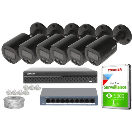 The image shows a complete IP surveillance system featuring six black Dahua security cameras, a network video recorder, and a Toshiba 1TB surveillance hard drive. Additional components include a network switch, Ethernet cables, and connectors, providing a comprehensive setup for monitoring and recording.