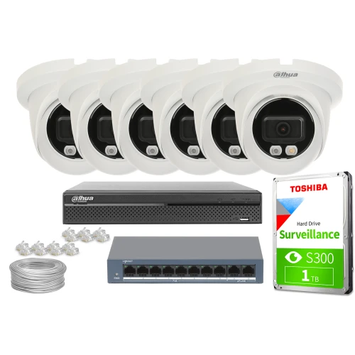 The image shows a comprehensive IP surveillance system featuring six white dome cameras, a network video recorder, and a 1TB Toshiba surveillance hard drive. Additional components include a network switch, Ethernet cables, and connectors, providing a complete setup for security monitoring.