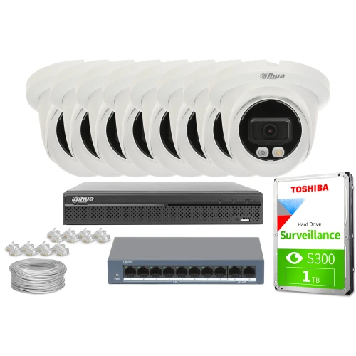 The image shows a comprehensive IP surveillance system featuring eight white Dahua security cameras, a network video recorder, and a Toshiba 1TB surveillance hard drive. Also included are a network switch, cables, and connectors for complete installation.