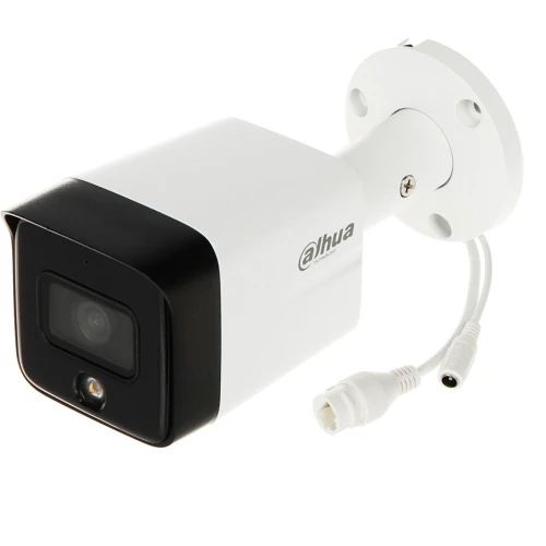 A sleek, white security camera with a black front panel and visible lens, designed for outdoor surveillance. It features a sturdy mounting bracket and connection cables for easy installation.