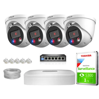 The image shows a complete IP surveillance system featuring four dome cameras, a network switch, a DVR, a Toshiba surveillance hard drive, and necessary cables. This setup is designed for comprehensive security monitoring, providing high-quality video capture and storage.