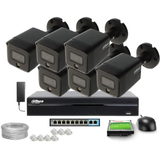 The image shows a complete IP surveillance system featuring six black security cameras, a network video recorder, and various accessories including cables and connectors. The set is designed for comprehensive monitoring, providing high-quality video capture and storage solutions.