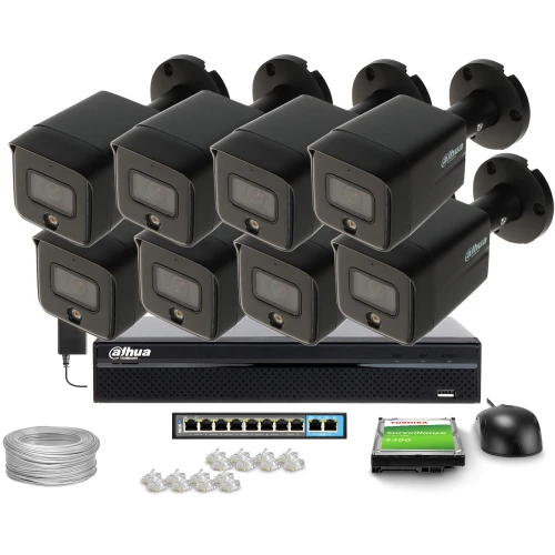 The image shows a comprehensive IP surveillance system featuring eight black Dahua security cameras, a network video recorder, and various accessories including cables and connectors. This setup is designed for robust monitoring and security, suitable for both residential and commercial use.
