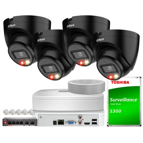 The image shows a Dahua IP surveillance system, featuring four black dome cameras and a Toshiba S300 surveillance hard drive. Included are a network video recorder, Ethernet cables, and a power supply unit for comprehensive security monitoring.