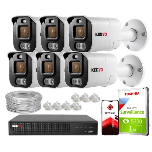 The image shows a comprehensive IP surveillance system featuring six sleek, white security cameras designed for outdoor use. Included are a digital video recorder, a Toshiba surveillance hard drive, network cables, connectors, and a mobile app for remote monitoring.