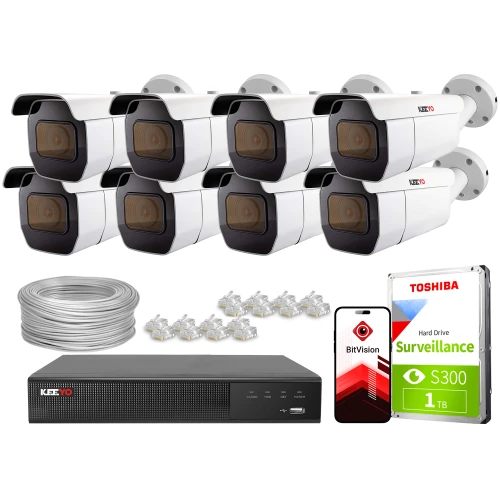 The image shows a comprehensive IP surveillance system featuring eight white security cameras, a digital video recorder, and a Toshiba surveillance hard drive. Included are cables, connectors, and a mobile app interface for remote monitoring.