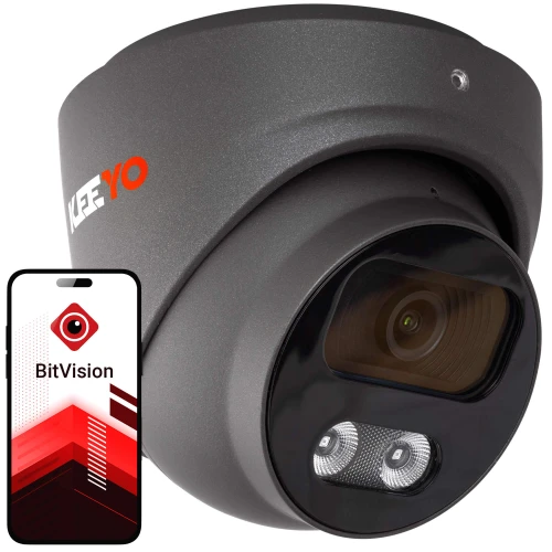 A sleek, dark gray dome security camera with a modern design is shown alongside a smartphone displaying the BitVision app interface. The camera features a prominent lens and infrared lights for enhanced night vision capabilities.