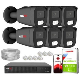 The image shows a comprehensive IP surveillance kit featuring six black security cameras, a digital video recorder, a 1TB Toshiba surveillance hard drive, and necessary accessories like cables and connectors. The kit also includes a mobile app for remote monitoring, enhancing security and convenience.