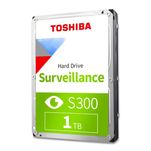The image shows a Toshiba S300 Surveillance Hard Drive with a capacity of 1TB, designed for monitoring systems. The hard drive features a green and white label with a surveillance icon, emphasizing its suitability for security applications.