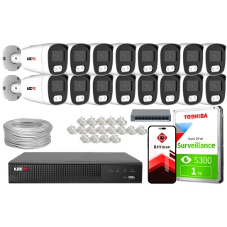 The image shows a comprehensive IP surveillance system, including multiple security cameras, a digital video recorder, a hard drive, and necessary accessories like cables and connectors. The setup is designed for extensive monitoring, featuring a mobile app for remote access and a Toshiba hard drive for storage.