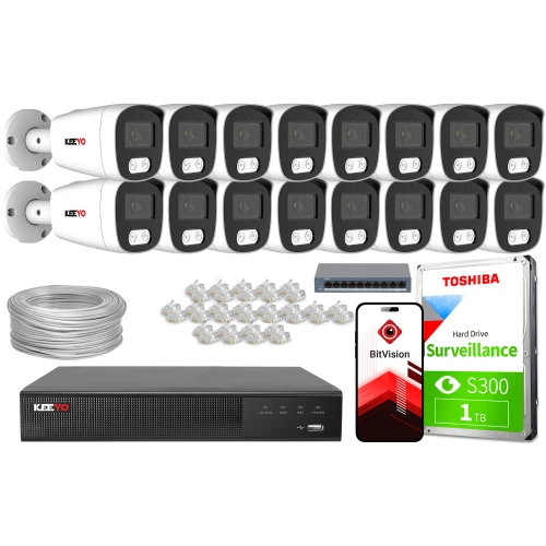 The image shows a comprehensive IP surveillance system, including multiple security cameras, a digital video recorder, a hard drive, and necessary accessories like cables and connectors. The setup is designed for extensive monitoring, featuring a mobile app for remote access and a Toshiba hard drive for storage.