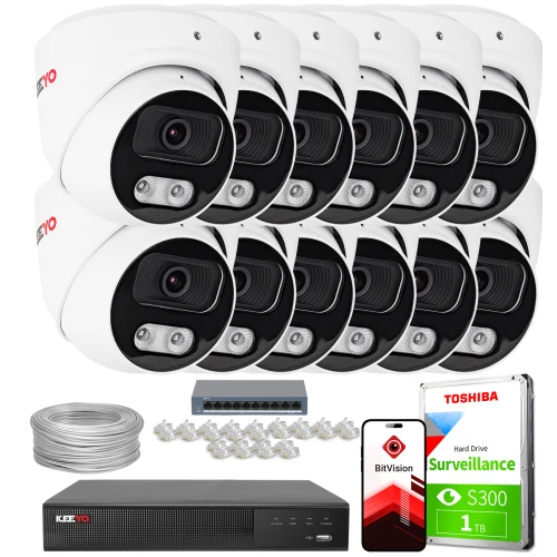 The image shows a comprehensive IP surveillance system, including eight dome cameras, a network video recorder, a hard drive, cables, connectors, and a mobile app interface. The setup is designed for efficient and reliable security monitoring.