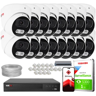 The image shows a comprehensive IP surveillance system featuring multiple white dome cameras, a network video recorder, and a 1TB Toshiba surveillance hard drive. Additional components include a bundle of cables, connectors, and a BitVision app interface for remote monitoring.
