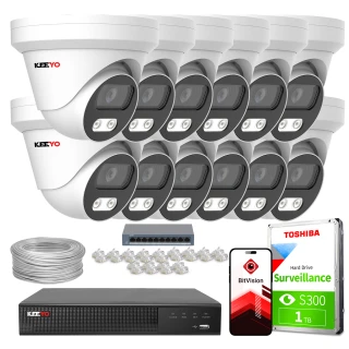 The image shows a comprehensive IP surveillance system featuring multiple dome cameras, a network video recorder, and a Toshiba 1TB surveillance hard drive. Also included are a network switch, cables, connectors, and a mobile app for remote monitoring.