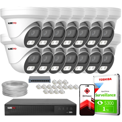 The image shows a comprehensive IP surveillance system featuring multiple dome cameras, a network video recorder, and a Toshiba surveillance hard drive. Additional components include a bundle of cables, connectors, and a BitVision app for remote monitoring.