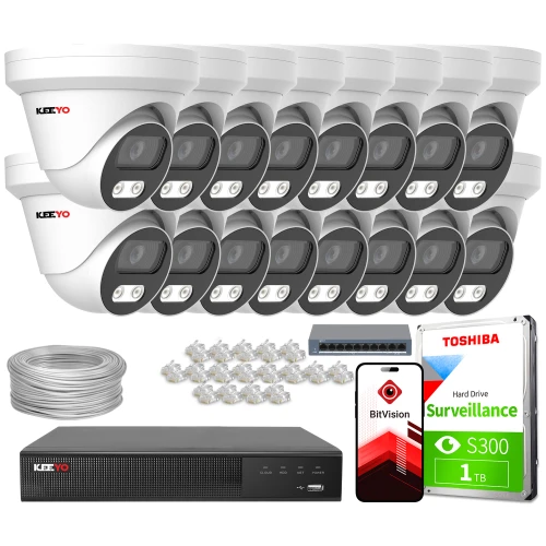 The image shows a comprehensive IP surveillance system, including multiple dome cameras, a network video recorder, a hard drive, and necessary cables and connectors. This setup is designed for extensive security monitoring, featuring high-capacity storage and advanced connectivity options.