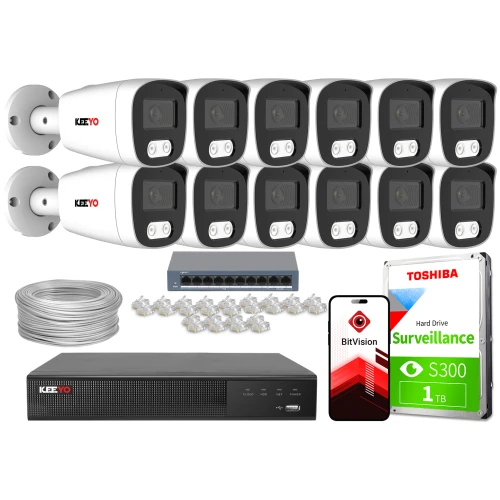 The image shows a comprehensive IP surveillance system featuring twelve security cameras, a network video recorder, a hard drive, a network switch, and cables. The package also includes connectors and a mobile app for remote monitoring.