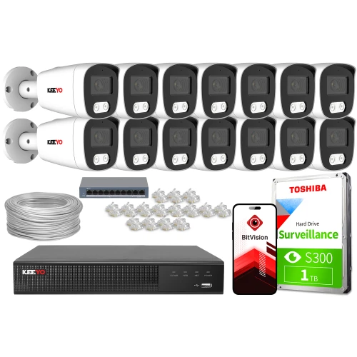 The image shows a comprehensive IP surveillance system, including twelve white security cameras, a network video recorder, a Toshiba 1TB hard drive, and a bundle of cables and connectors. Additionally, a smartphone displaying the BitVision app is featured, highlighting remote monitoring capabilities.