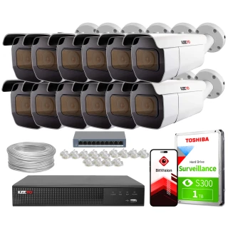 The image shows a comprehensive IP surveillance system, including ten white and black security cameras, a network video recorder, and a Toshiba surveillance hard drive. Additional components include a bundle of Ethernet cables, connectors, and a BitVision app interface displayed on a smartphone.