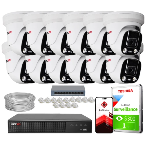 The image shows a comprehensive IP surveillance system, including ten white dome cameras, a network video recorder, a hard drive, and necessary cables and connectors. The package also features a mobile app for remote monitoring and a network switch for connectivity.