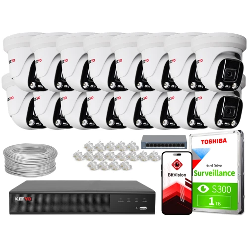 The image shows a comprehensive IP surveillance system, including multiple dome cameras, a network video recorder, a hard drive, Ethernet cables, connectors, and a mobile app interface. The setup is designed for extensive security monitoring with high-capacity storage and remote access capabilities.