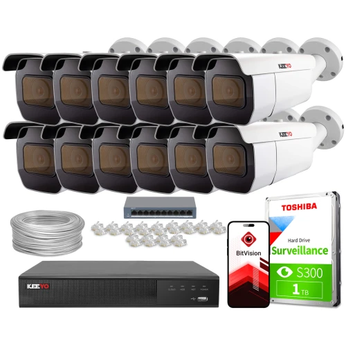 The image shows a comprehensive IP surveillance system, including ten white and black security cameras, a network video recorder, a hard drive, a smartphone with a monitoring app, a network switch, cables, and connectors. This setup is designed for extensive security coverage and remote monitoring capabilities.