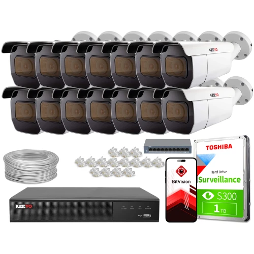 The image shows a comprehensive IP surveillance system featuring multiple white and black security cameras, a digital video recorder, and a Toshiba 1TB surveillance hard drive. Additional components include a network switch, Ethernet cables, connectors, and a mobile app interface for remote monitoring.