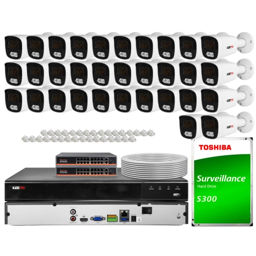 The image shows a comprehensive IP surveillance system, including multiple security cameras, a network video recorder, and a Toshiba surveillance hard drive. The set also features network cables and connectors, providing a complete solution for monitoring and recording.