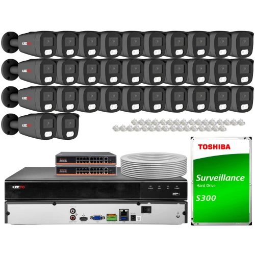 The image shows a comprehensive IP surveillance system, including multiple black security cameras, a network video recorder, and a Toshiba surveillance hard drive. The set also features network cables and connectors, providing a complete solution for monitoring needs.