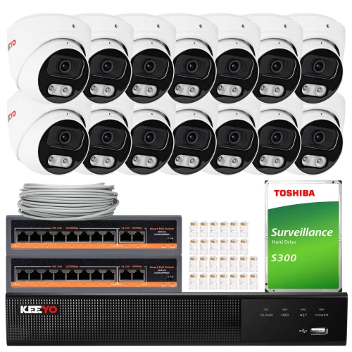The image shows a comprehensive IP surveillance system featuring multiple dome cameras, a network video recorder, and a Toshiba surveillance hard drive. The set also includes network cables and connectors, providing a complete solution for security monitoring needs.
