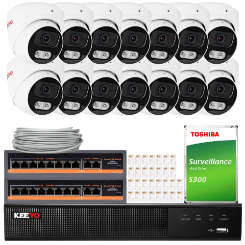 The image shows a comprehensive IP surveillance system featuring multiple dome cameras, a network video recorder, and a Toshiba surveillance hard drive. Also included are network cables and connectors, providing a complete setup for security monitoring.