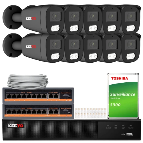 The image shows a comprehensive IP surveillance system, including ten black security cameras, a network video recorder, two network switches, a Toshiba surveillance hard drive, and a bundle of cables. This setup is designed for robust and efficient monitoring, suitable for both residential and commercial use.