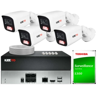 The image shows a complete surveillance system featuring four white Keeyo security cameras, a black recording unit with multiple ports, and a Toshiba surveillance hard drive. The set also includes a coil of cable and a set of connectors for installation.
