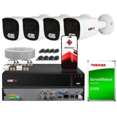 The image shows a comprehensive surveillance system package, including four white security cameras, a digital video recorder, and a Toshiba surveillance hard drive. Additional components include a set of cables, connectors, and a smartphone displaying the BitVision app interface.