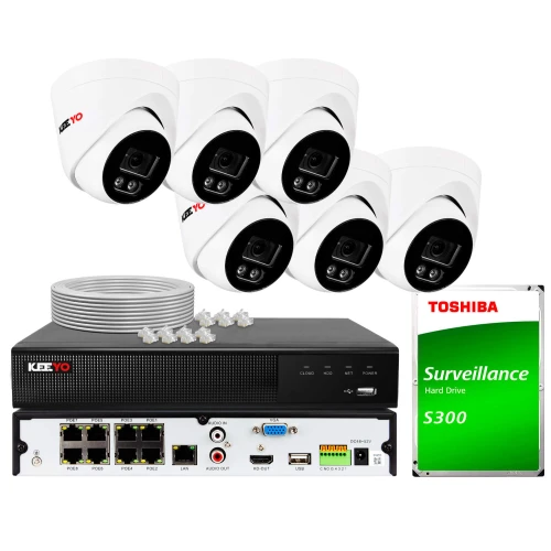 The image shows a complete surveillance system package, including five white dome cameras, a digital video recorder, and a Toshiba S300 surveillance hard drive. The set also includes cables and connectors for easy installation.