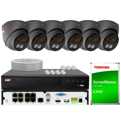 The image shows a complete surveillance system featuring six black dome cameras, a digital video recorder with multiple ports, and a Toshiba S300 surveillance hard drive. Also included are network cables and connectors, providing a comprehensive setup for monitoring and recording.