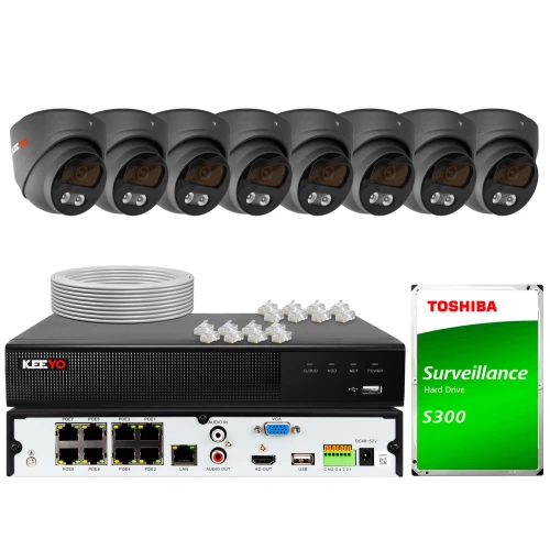 The image shows a comprehensive surveillance system package, including eight black dome cameras, a digital video recorder, and a Toshiba surveillance hard drive. Also included are network cables and connectors, providing a complete setup for monitoring and security needs.